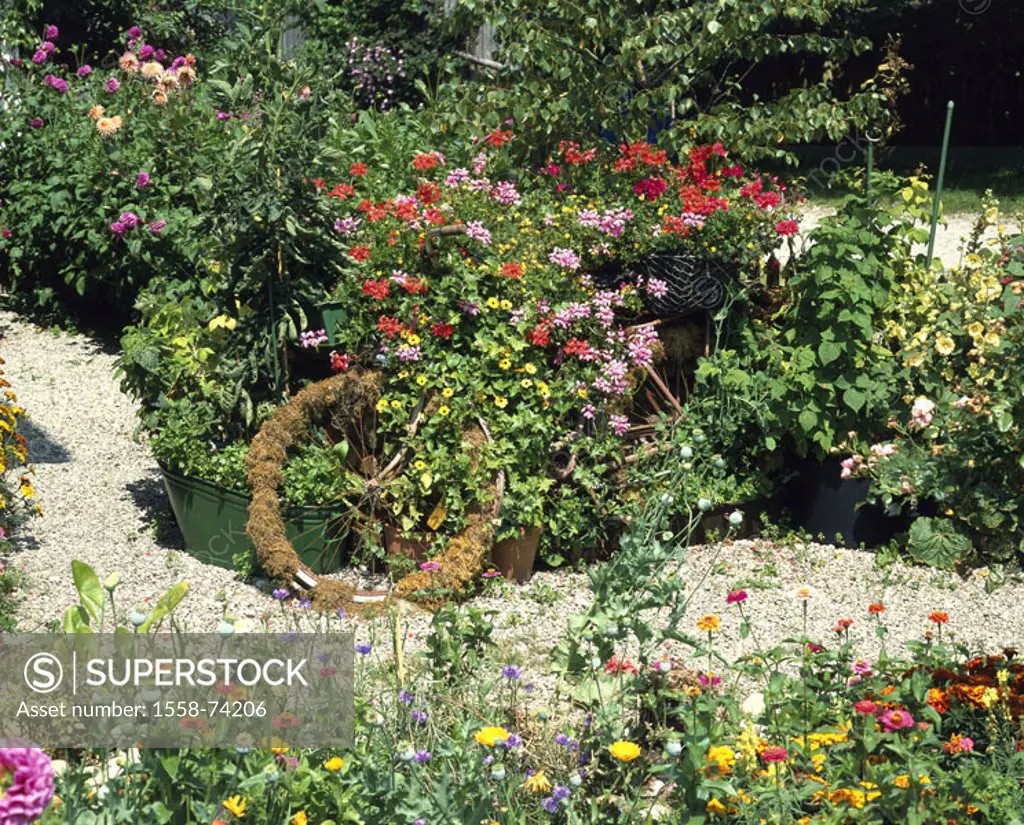 Garden, decoration, bicycle, old,  Flowers, colorfully, quietly life  Farmer garden, way, wheel, plants, summer flowers, formation, creativity, eye-ca...