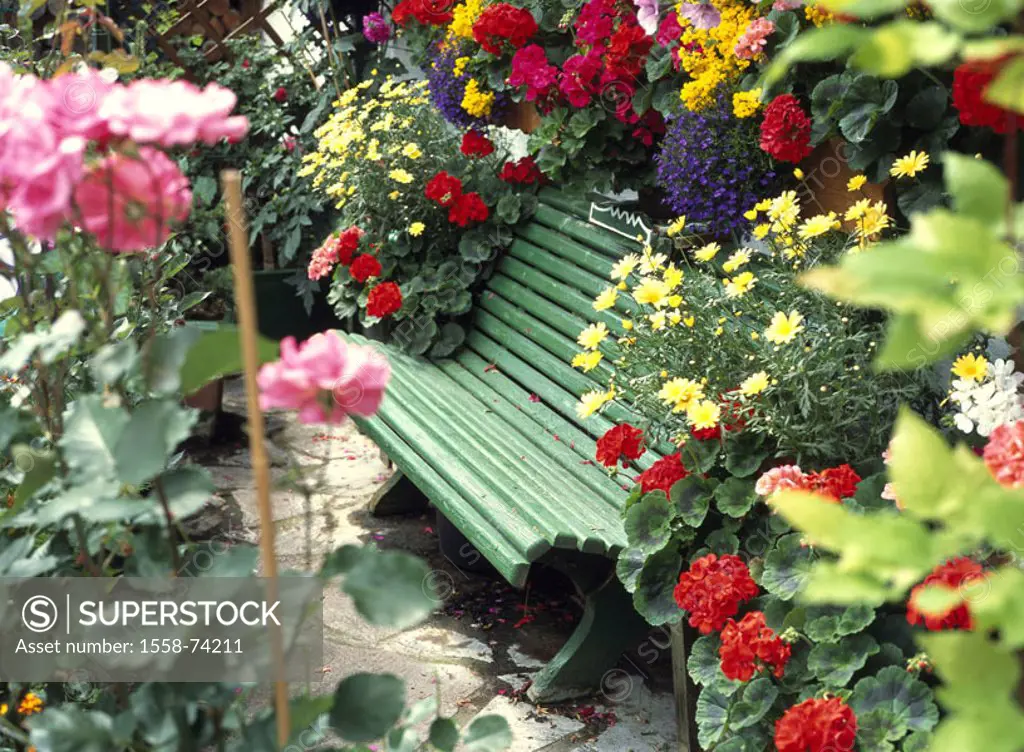 Garden bank, flowers, colorfully, quietly life   Is in store garden, bank, bench, summer flowers, variety, colors, nature eye-catcher kindly, colorful...