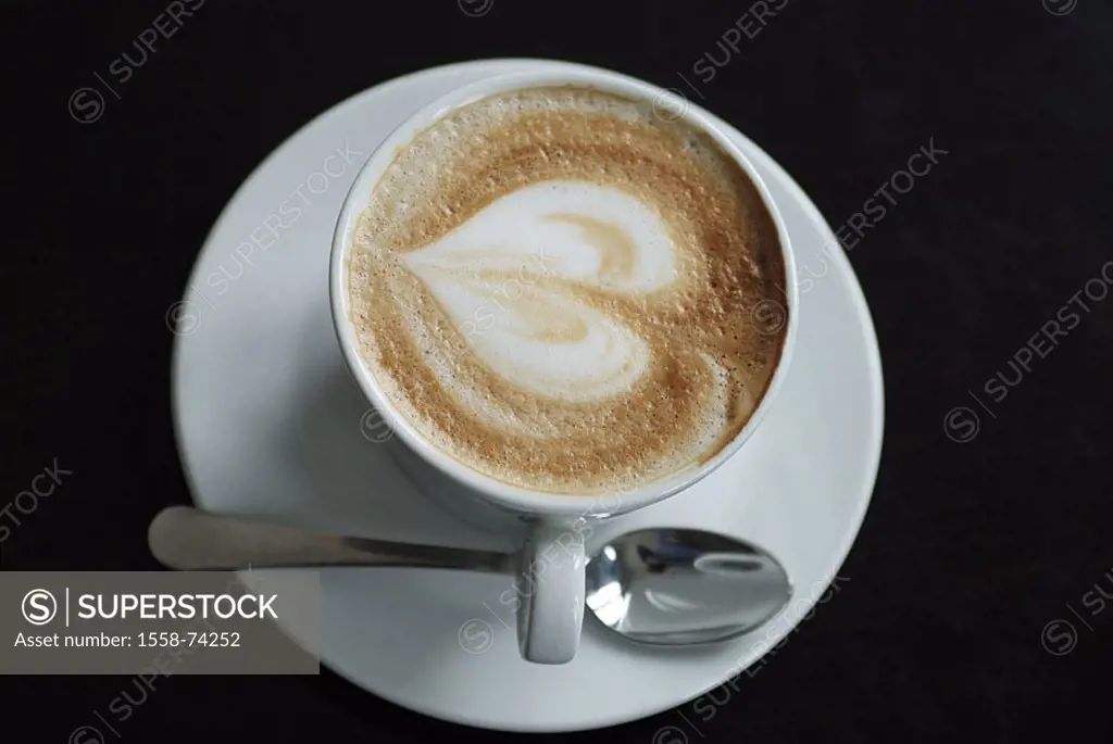 Cup, cappuccino, Milchschaum,  Scrutinize heart, from above  Food, luxury foods, beverage, hot beverage, coffee, coffee beverage, aromatic, caffeine-c...
