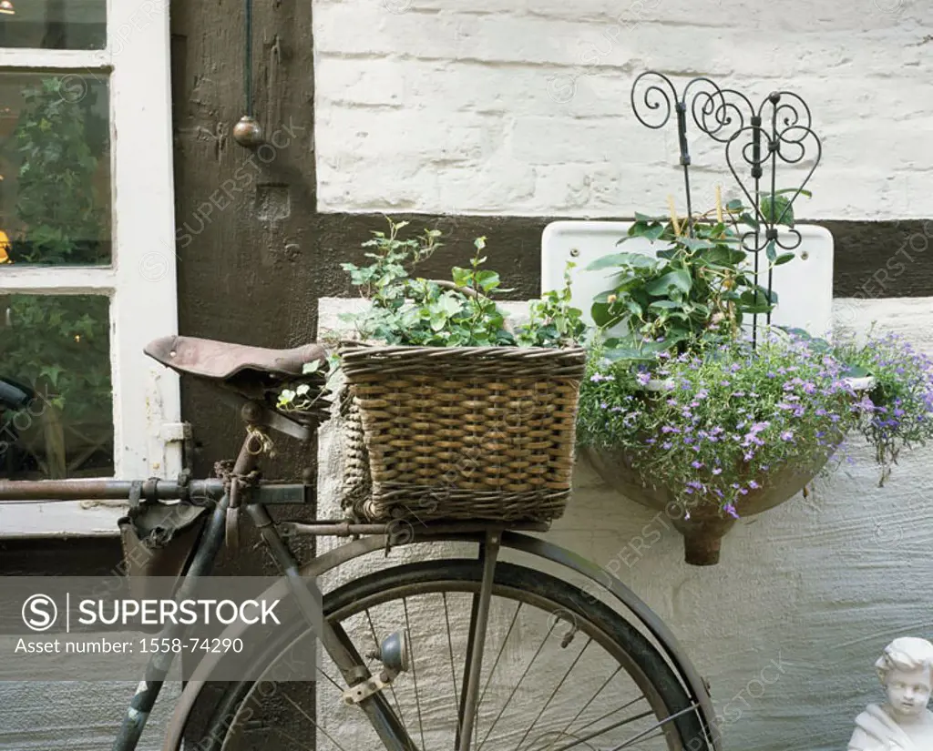 House facade, detail, bicycle, old,  Basket, wareh-basins, flowers,  Quietly life House, facade, house wall, decoration, wheel, bicycle basket, plants...