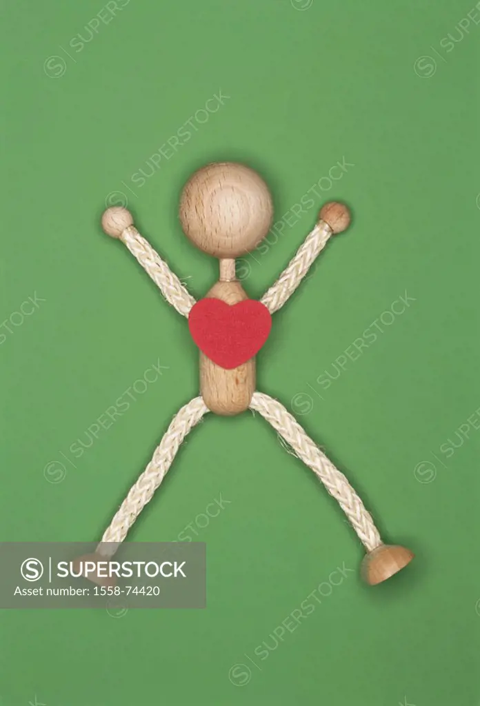 Wood figure, heart, air jump   Series, figure, wooden, male, sexless, faceless, love, concept, joy, falls in love rejoices, luck, happily, euphoria fu...
