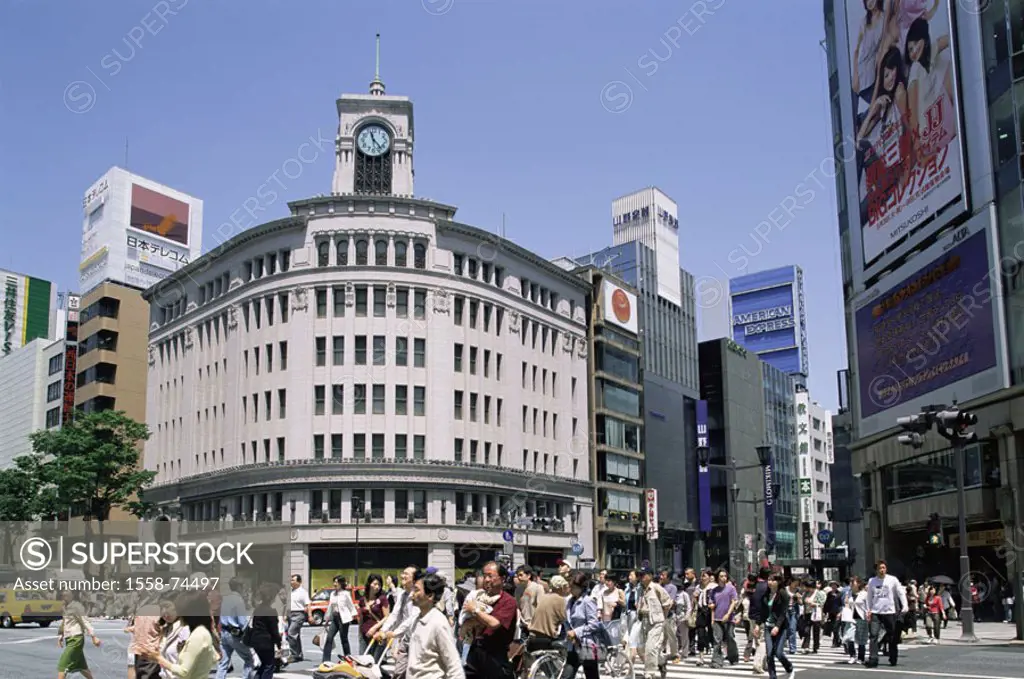 Japan, island Honshu, Tokyo, Ginza, Purchase street, Wako Department curtain, Department store, street scene, passer-bys Asia, capital, metropolis, bu...
