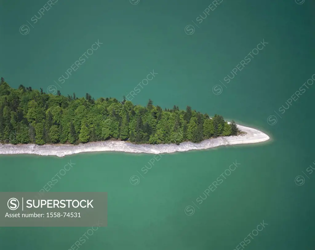 Air reception, Germany, Bavaria,  Walchensee, island, detail  Upper Bavaria, nature, sea, water, green, headland, point, shores, trees, top, overview,
