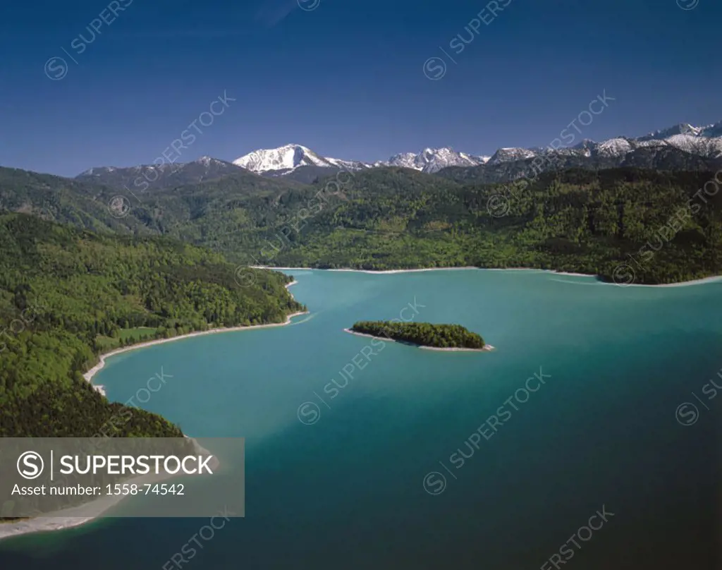 Air reception, Germany, Bavaria,  Walchensee, island, highland  Upper Bavaria, mountains, Alps, landscape, nature, water, sea, overview,