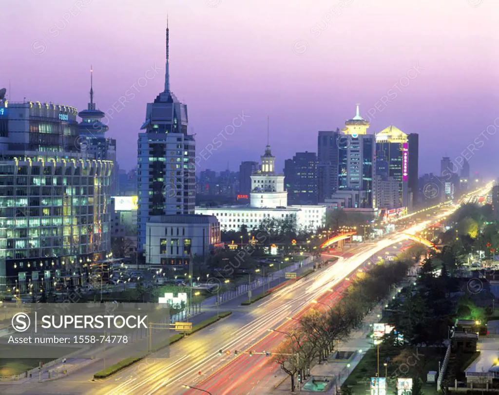 China, Peking, view at the city,  Fuxingmennei Dajie, light tracks,  Evening Asia, Eastern Asia, capital, city, street, multilane, traffic, cars, ligh...