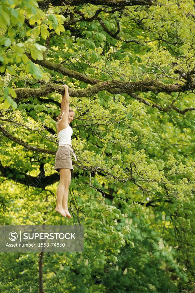 Woman, young, tree, climbs, branch, hang   Teenager, 20-30 years, smiling, clothing, summery, miniskirt, athletic, daring, powerfully, fun, leisure ti...