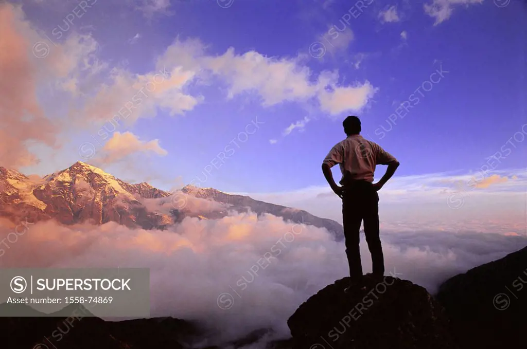 Austria, Salzburger country, Alps,  Man, view from behind, panorama,  enjoying, morning light Europe, mountains, mountains, landscape, highland, mount...