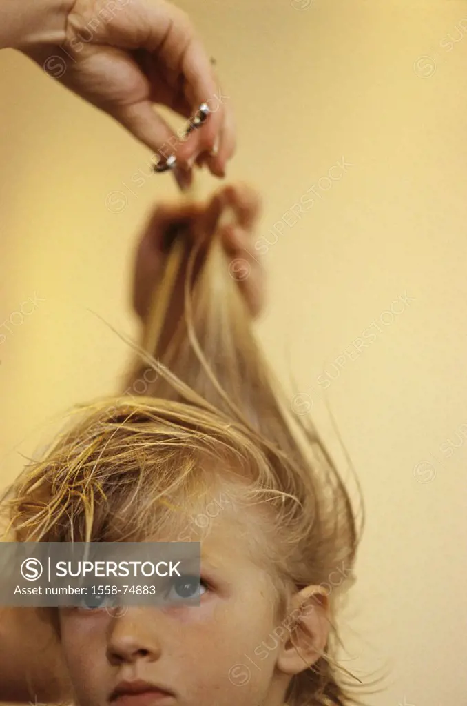 Hairdresser, girls, blond, haircut   Hairdresser parlor, hairdresser date, child, portrait, 6-10 years, seriously, expression long-haired hairdo, cuts...