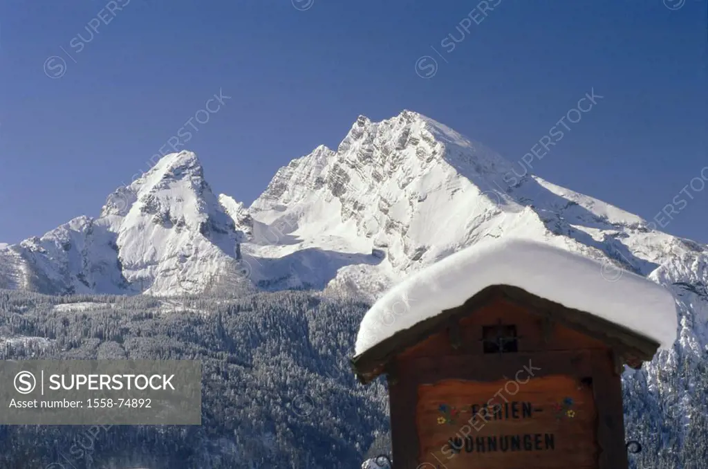 Germany, Bavaria, Berchtesgaden  Country, Watzmann, Holzschild,  ´Vacation apartments´, winters, Europe, Southern Germany, southeast Bavaria, Berchtes...