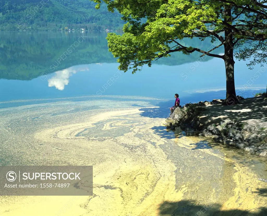 Germany, Upper Bavaria, Kochelsee, Shores, woman, relaxation, spring, Water surface, pollen, Bavaria, Kochel at the lake, alpine sea, sea, shores, roc...