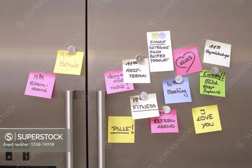 Refrigerator, detail, note papers   Series, refrigerator door, papers, notes, custody notes, Post-it, memory, dates, date planning, planning, organiza...