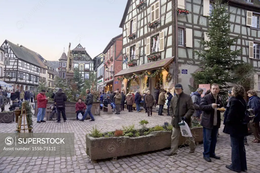 France, Alsace, Kaysersberg,  timbered houses, market place,  Christmas decoration, pedestrians, Europe, houses, timbering, timbering architecture, ar...