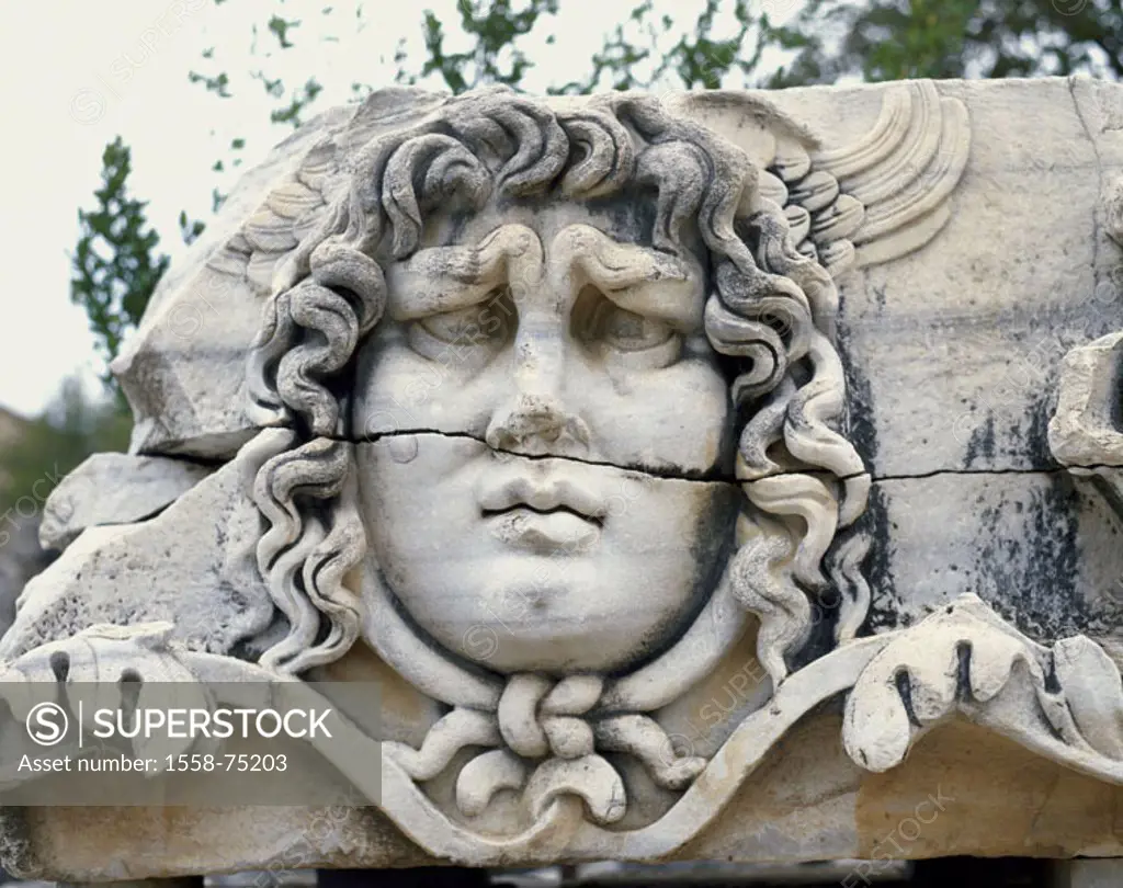 Turkey, Didyma, Apollotempel, detail, Stone relief, Medusenkopf,  West coast, ruin place, temple ruin, relief, representation, Medusa, medusa head, he...