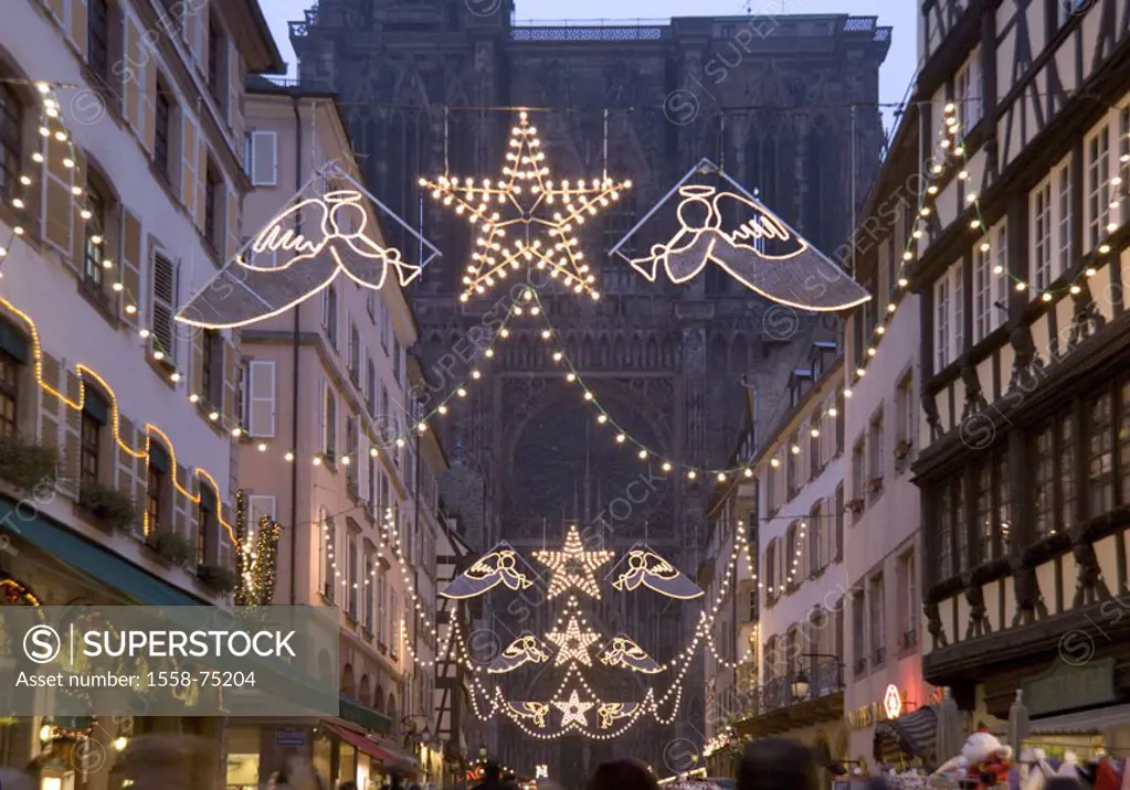France, Alsace, Strasbourg, minsters,  Pedestrian zone, Christmas illumination,  Passer-bys, twilight, Europe, Département Bas-Rhin, city center, sigh...