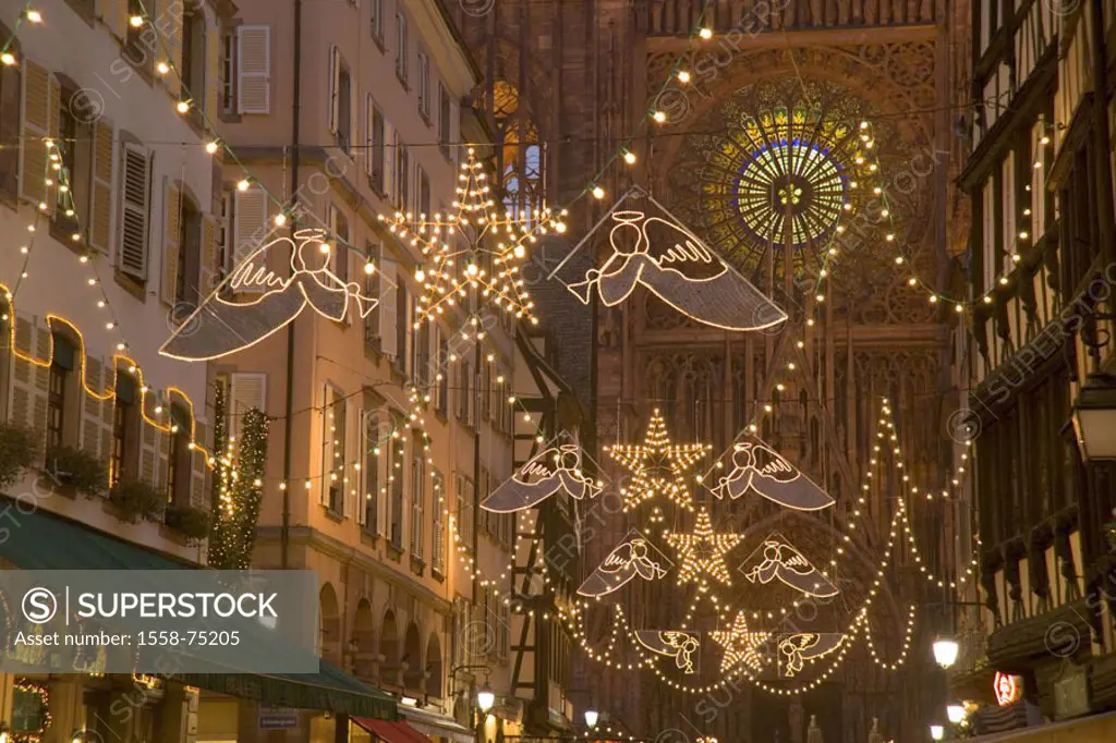 France, Alsace, Strasbourg, minsters,  Pedestrian zone, Christmas illumination,  Twilight Europe, Département Bas-Rhin, city center, sight, church, de...