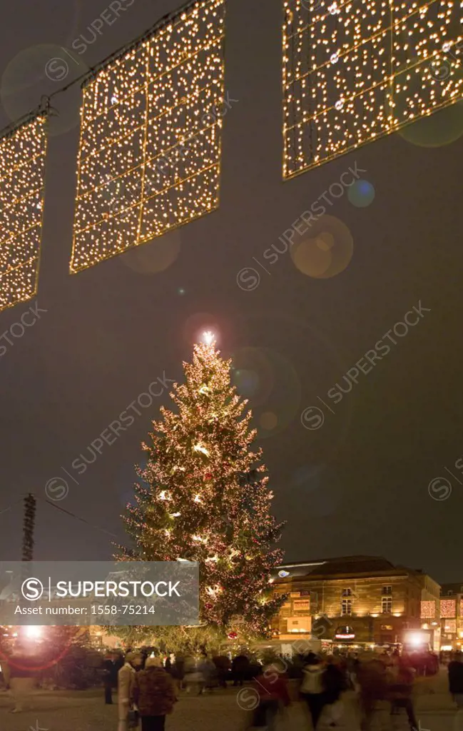 France, Alsace, Strasbourg, Place,  Glue, Christmas tree, fairy lights,  Visitors, evening, Europe, Département Bas-Rhin, city center, glue place, ill...