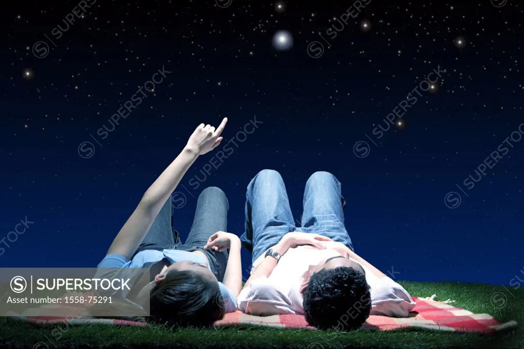 Meadow, couple, blankets, lie, gaze, Firmaments, enjoying, gesture,  shows, night Series, 20-30 years, partnership, relationship, falls in love, Relax...
