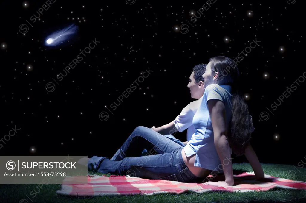 Meadow, couple, blankets, sitting, gaze, Firmaments, meteoroid, night  Series, 20-30 years, partnership, relationship, falls in love, Relaxation, recu...