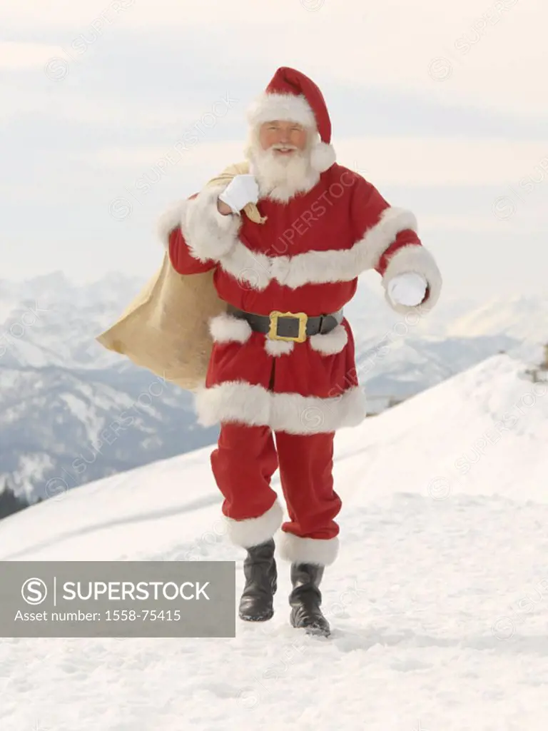 Winter landscape, Santa Claus,  Jute sack, carries, movement, happy  Christmas, highland, winters, man, kindly, sack, Christmas gifts, gifts, symbol, ...