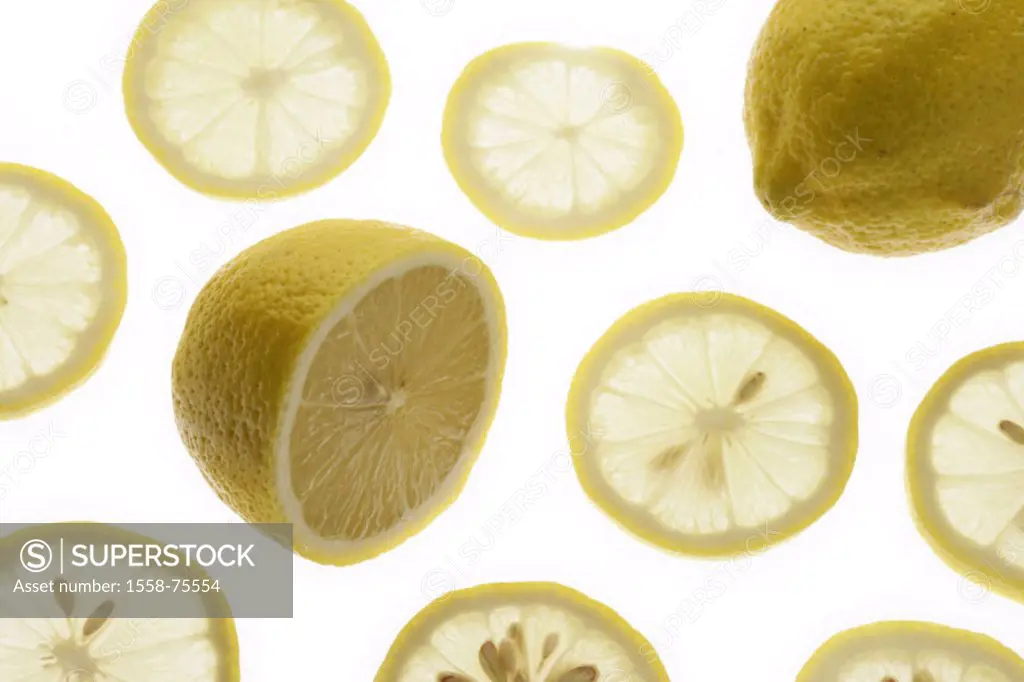 Lemons, lemon disks, detail   Food, fruit, fruits, citrus fruits, South fruits, halves, completely, cut, disks, yellow, concept, newly, sour, rich in ...