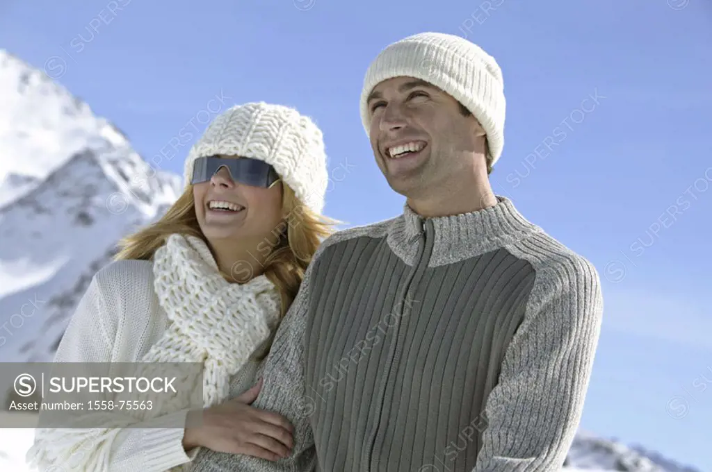 highland, couple, young,  Winter clothing, cheerfully, laughing, Half portrait, snow, winters Winter landscape, 20-30 years, caps, sun glass, friends,...