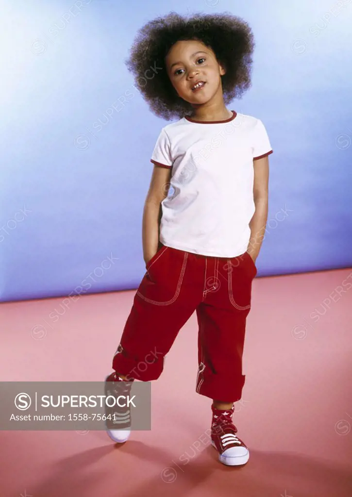 Girls, swarthily, hands,  trouser pocket  Series, child, toddler, 4-6 years, Afro-american, dark-haired, frill, hair frill, Afrokrause, Afro, childhoo...