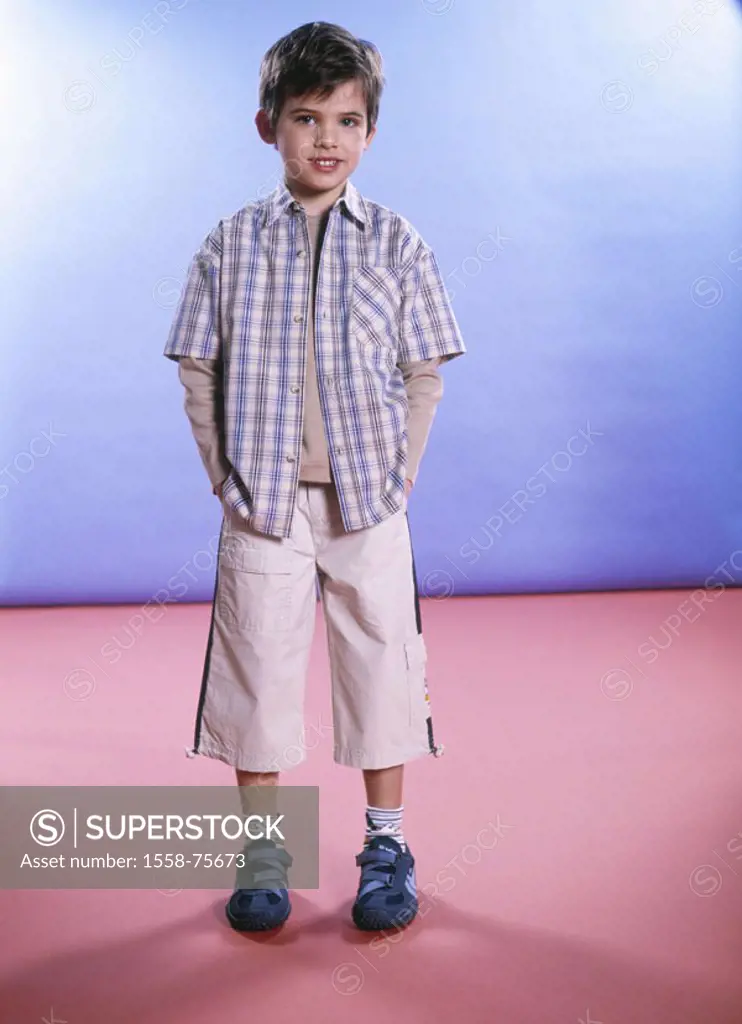 boy, hands, trouser pocket, stand   Child, 6-10 years, dark-haired, gaze camera, kindly, nicely, dearly, carelessly, shirt, checkered, gym shoes, whol...