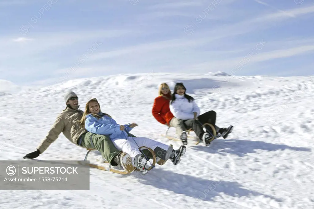 Man, women, young, happy,  Sleds, snow, winters  Winter landscape, 20-30 years, winter clothing, clique, friends, four, happily, mood positively, slei...