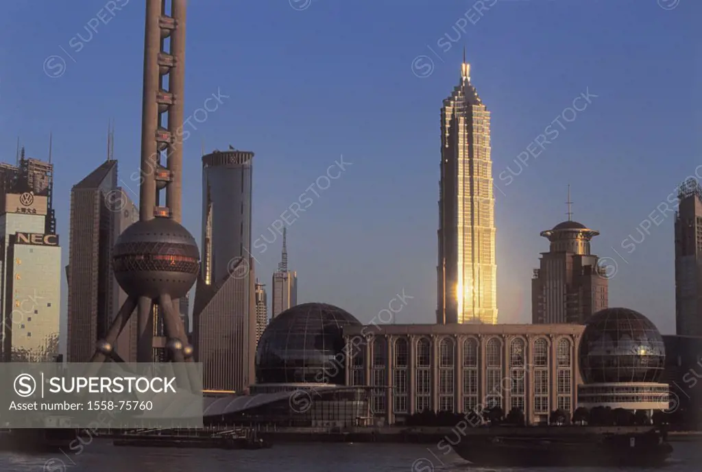 China, Shanghai, ´association´, skyline, Oriental Pearl tower, detail, Jin Mao  Building, sunset,  Asia, Eastern Asia, city, view at the city, trading...