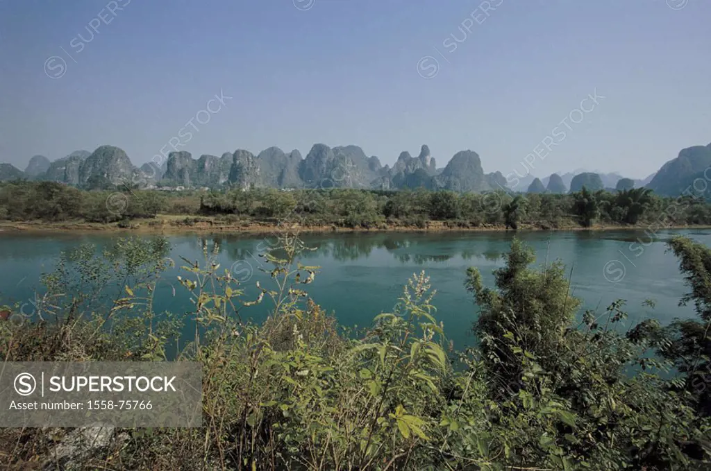 China, Yangshuo, highland, Li river  Asia, Eastern Asia, river landscape, waters, Li-Jiang,  Karstlandschaft, landscape, mountains, rocks, rock format...