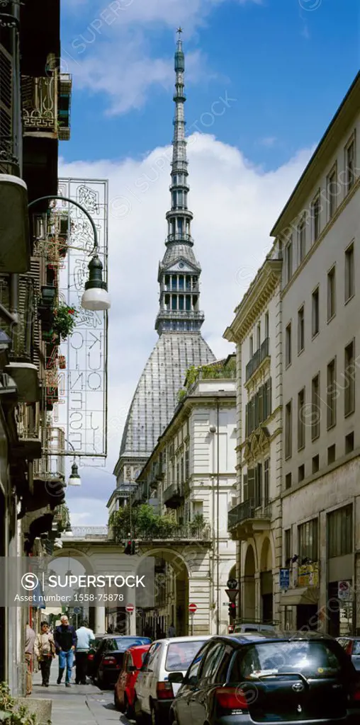 Italy, Piemont, Turin, city center, alley,  Pier Antonelliana  Europe, North Italy, sight, landmarks, architecture, tower, 167,5 m, begun, 1836, topmo...