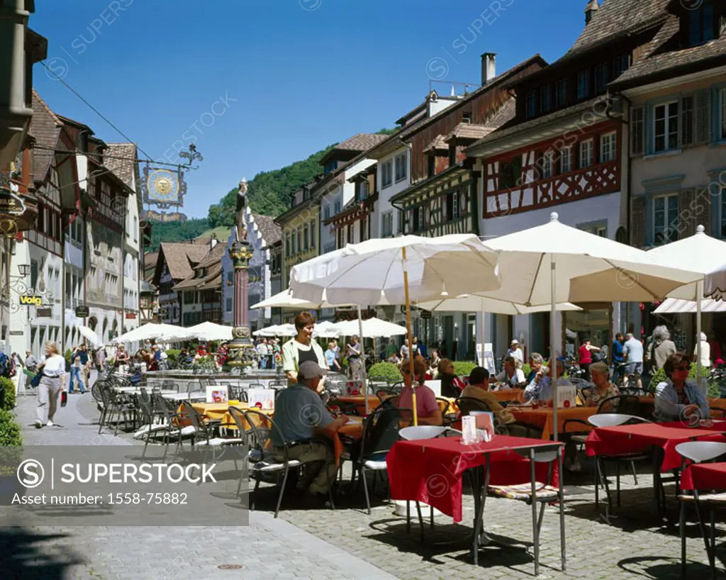 Switzerland, stone at the Rhine, market place,  Street restaurants, tourists,  Europe, Central Europe, houses, residences, architecture, medieval, tim...