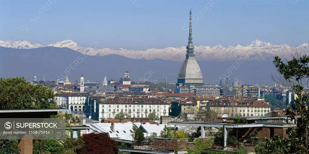 Italy, Piemont, Turin, view at the city,  Pier Antonelliana  Europe, North Italy, mountains, mountain , snow-covered, city, opinion, sight, landmarks,...