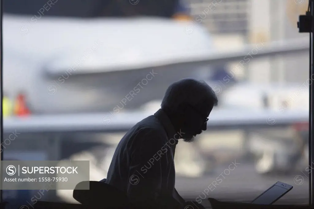 Airport, airplane, fuzziness, Silhouette, man, laptop, profile,  Attendant area, waiting room, wait, stay, passenger, passenger, person, man, business...