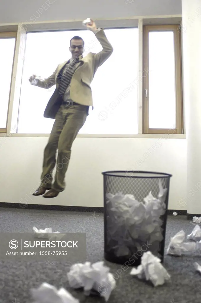 Office, businessman, air jump,  Records, rumples, throws, waste paper basket  Employed, managers, jumps, whole bodies, fun, joy, jubilation, success, ...