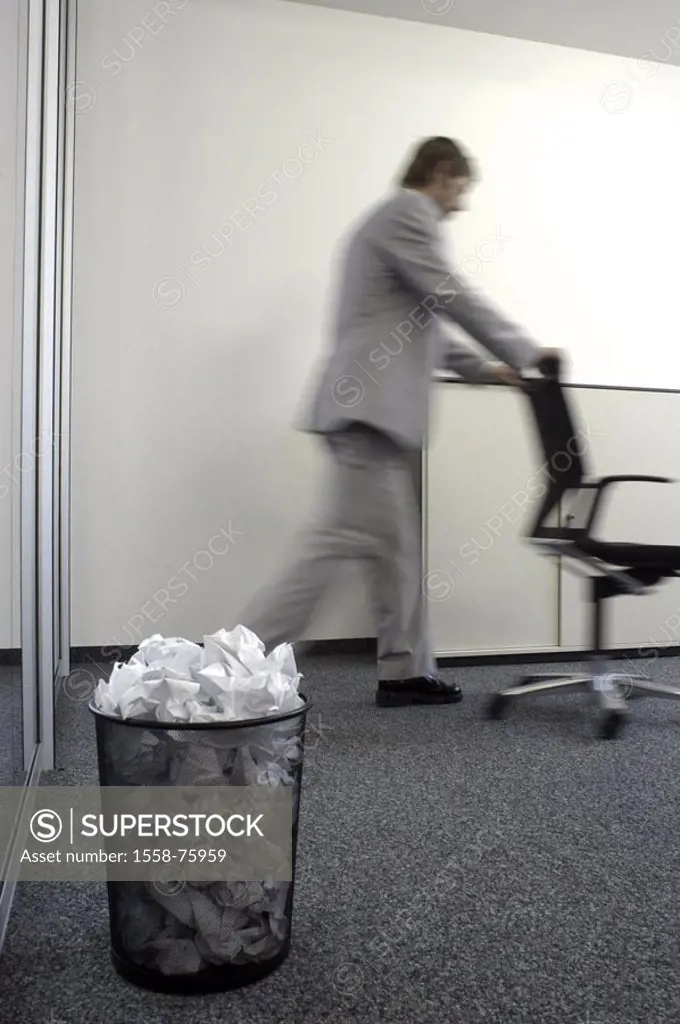 Office, man, chair, pushes, at the side,  Fuzziness, waste paper basket, full  Office worker, businessman, managers, desk chair, order, neatly, cleare...