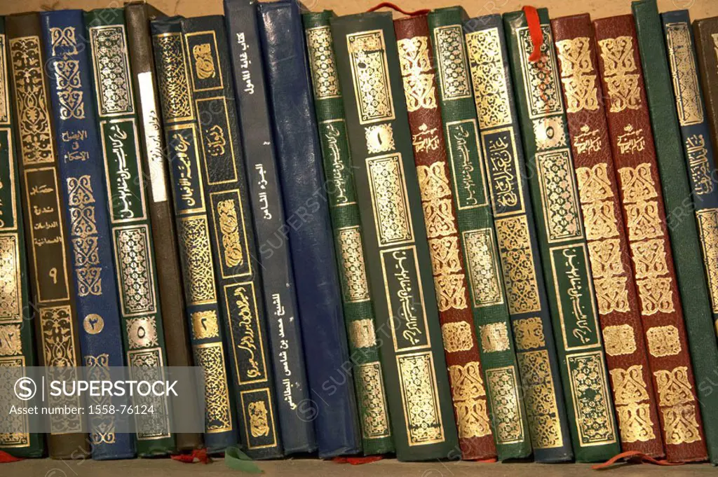 Sultanate Oman, Nizwa, fort, library, Bookshelf, detail, spines  West Asia, Arabic peninsula oasis city culture Arabic buildings, construction, histor...