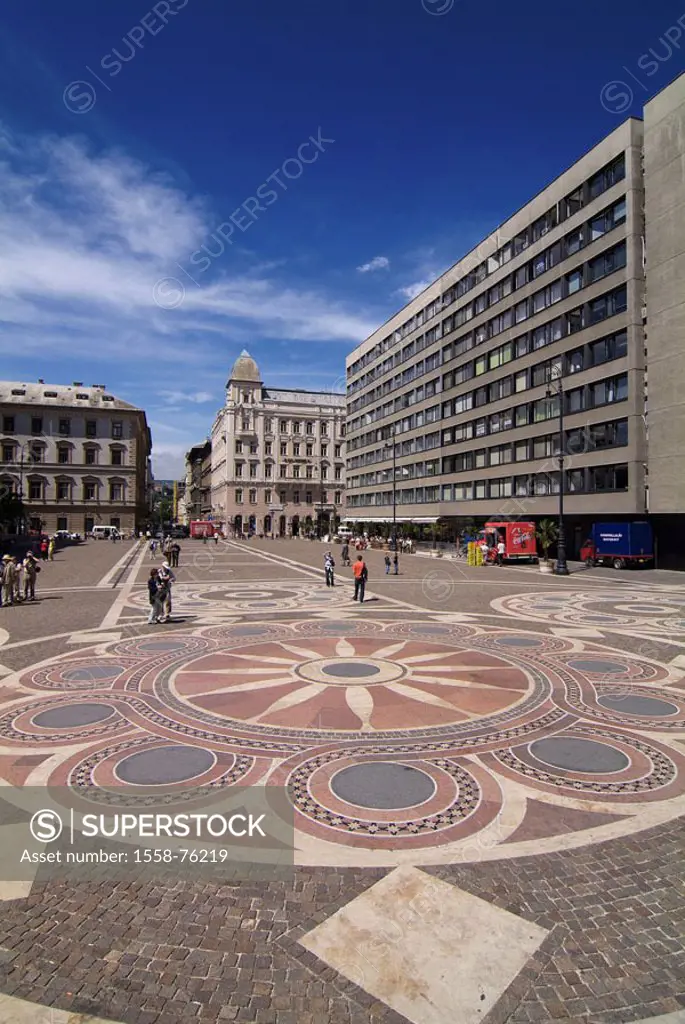 Hungary, Budapest, St. Stephans-Platz,  Passer-bys  Europe, Central Europe, capital, district, sight, Szent Istvan ter place mosaic buildings construc...