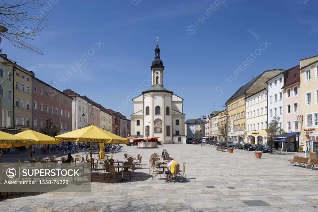 Germany, Bavaria, Chiemgau, Traunstein, city place, St. Oswald church  Southern Germany, city center, market place, cafe, Church Saint Oswald, parish ...