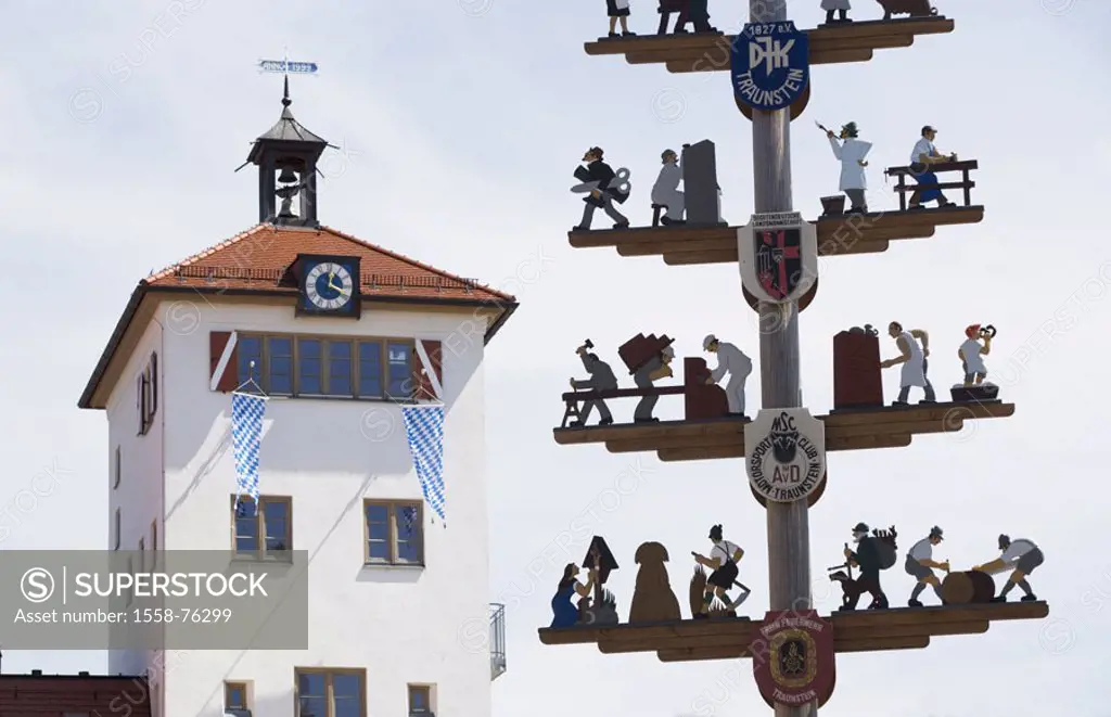 Germany, Bavaria, Chiemgau, Traunstein, Jackelturm, May construction, Detail Southern Germany, tower, belfry, flags Bavarian, buildings, construction,...