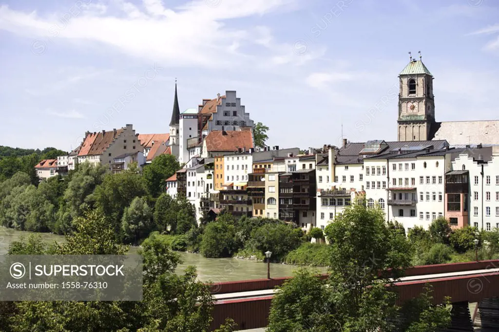 Germany, Upper Bavaria, wareserburg  at the Inn, view at the city, Innbrücke, detail,  Bavaria, cityscape, river, Inn, bridge, viaduct, ´Red bridge´, ...