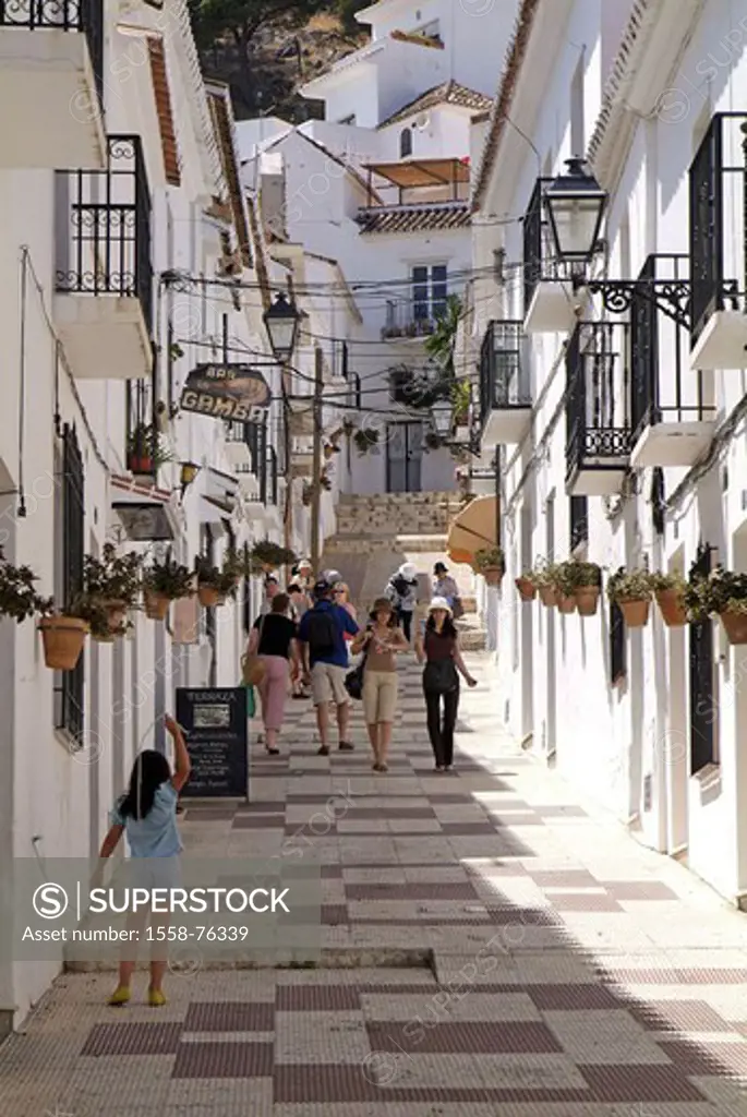 Spain, Andalusia, Costa Del sol, Mijas,  old town alley, passer-bys,  Europe, Southern Europe, Iberian peninsula, place, place, mountain village, whit...
