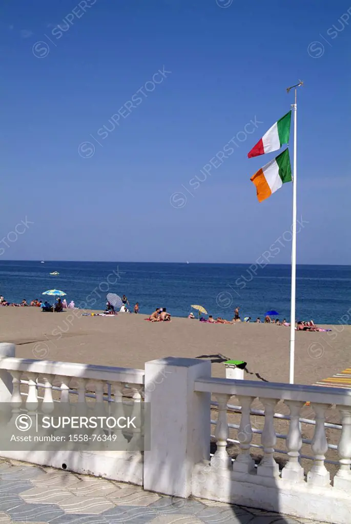 Spain, Andalusia, Costa Del sol,  Benalmadena Costa, beach opinion,  Swimmers Europe, Southern Europe, Iberian peninsula, beach, sandy beach, parapet,...