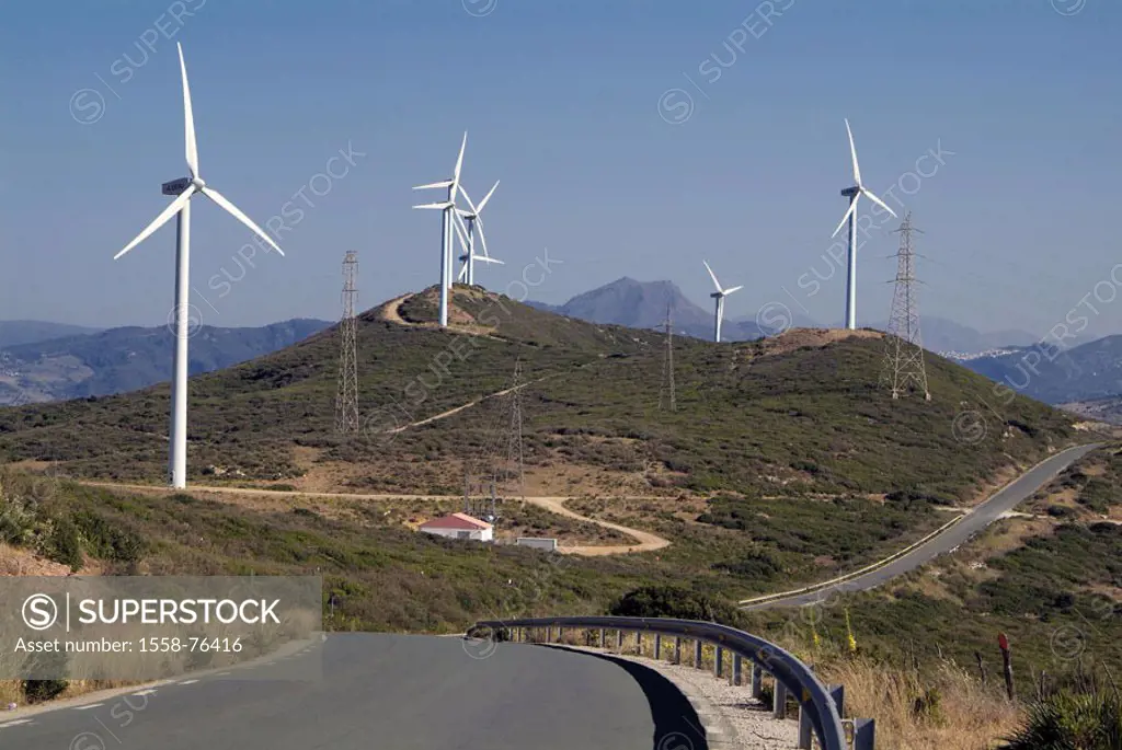 Spain, Andalusia, sierra Bermeja,  Wind wheels, country road,  Europe, Southern Europe, Iberian peninsula, Costa Del sol landscape mountains, street, ...