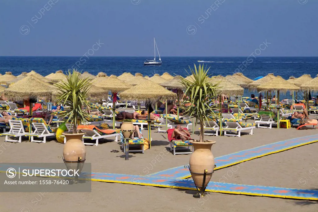 Spain, Andalusia, Costa Del sol,  Torremolinos, beach,  Europe, Southern Europe, Iberian peninsula, destination, destination, sandy beach, vases, palm...