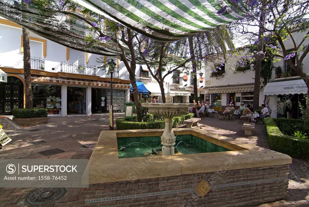Spain, Andalusia, Costa Del sol,  Marbella, old town, wells  Europe, Southern Europe, Iberian peninsula, place, houses, shops, fountains, street cafe,...