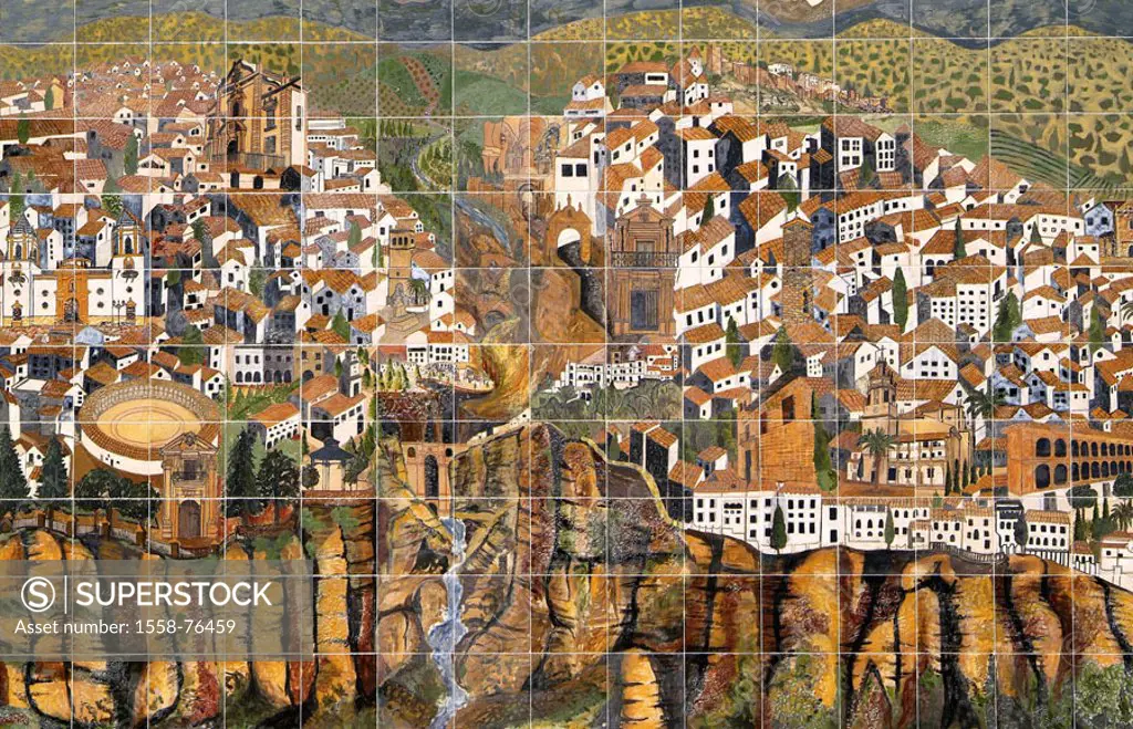 Spain, Andalusia, Ronda, tiles,  paint, map, Puente Nuevo, Tajo canyon  Europe, Southern Europe, Iberian peninsula, city, tiles, tile art, Azulejos, r...