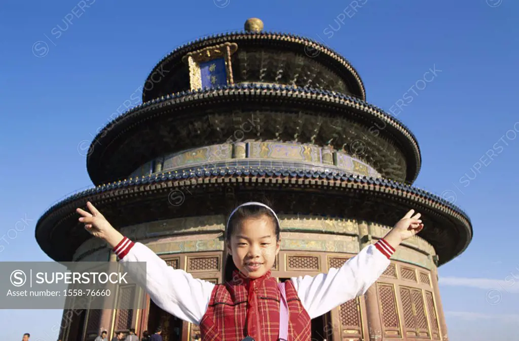 China, Peking, silhouette, Himmelsaltar, Hall of the harvest prayer, girls, Gesture, portrait, Asia, Eastern Asia, heaven altar, buildings, constructi...