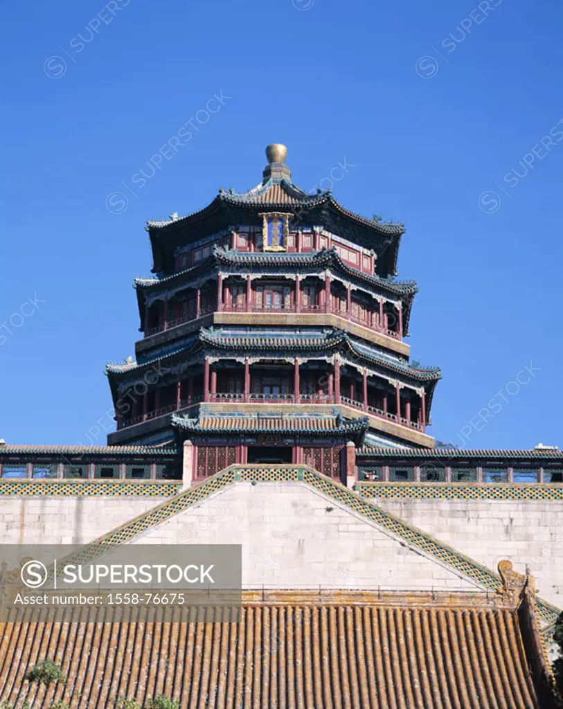 China, Peking, Kunming sea,  Summer palace, detail, from below  Asia, Eastern Asia, Kunming-See, Yihe Yuan, Yiheyuan, garden palace, palace, buildings...