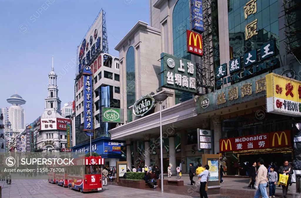China, Shanghai, Nanjing Lu, Purchase street, tourist train, pedestrians  Asia, Eastern Asia, Nanjing street, pedestrian zone, skyscrapers, advertisin...